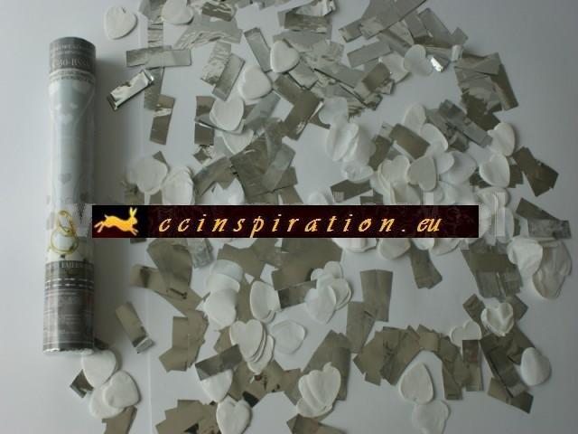 Vystreľovacie konfety - biele srdiečka a strieborné konfety - dl.30cm